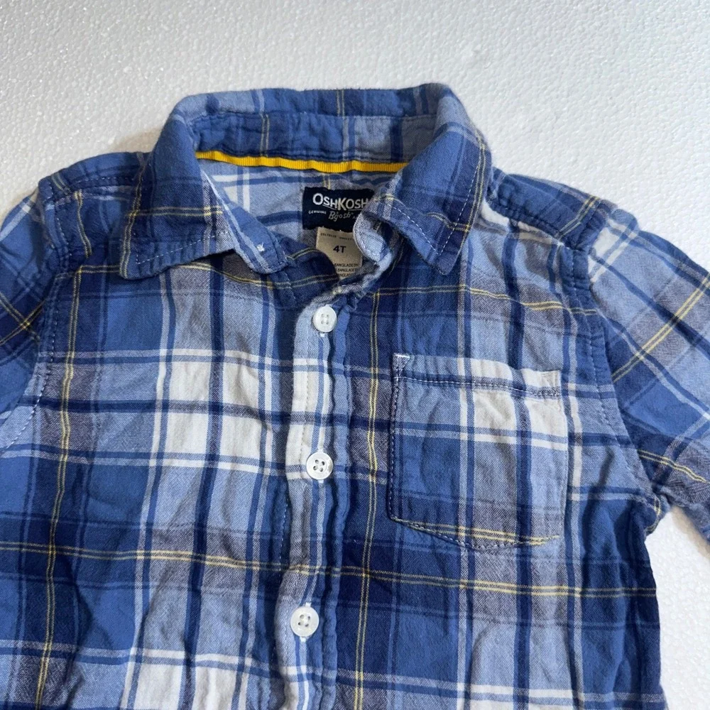 OshKosh Bgosh Boys Blue White Plaid Long Sleeve Button Down Shirt 4T‎ Cotton